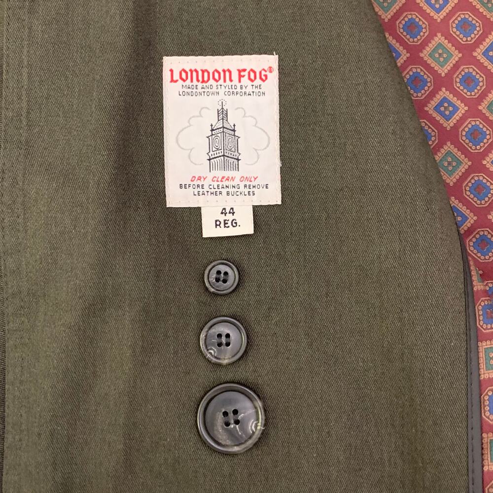 London Fog Mens Trench Coat 44 Reg Olive Green Lined Double Breasted Old Money - Picture 9 of 16